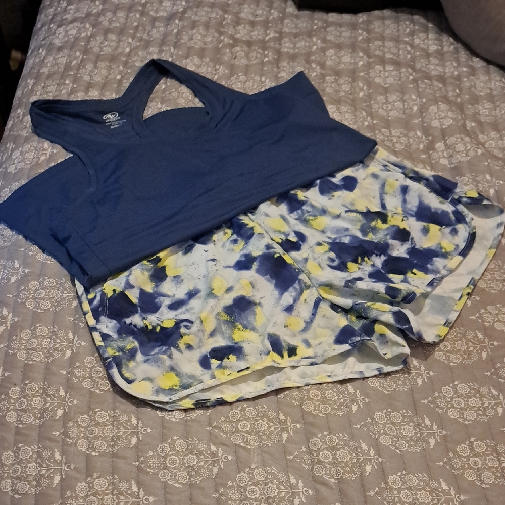 Blue Sports Top and Patterned Shorts Set